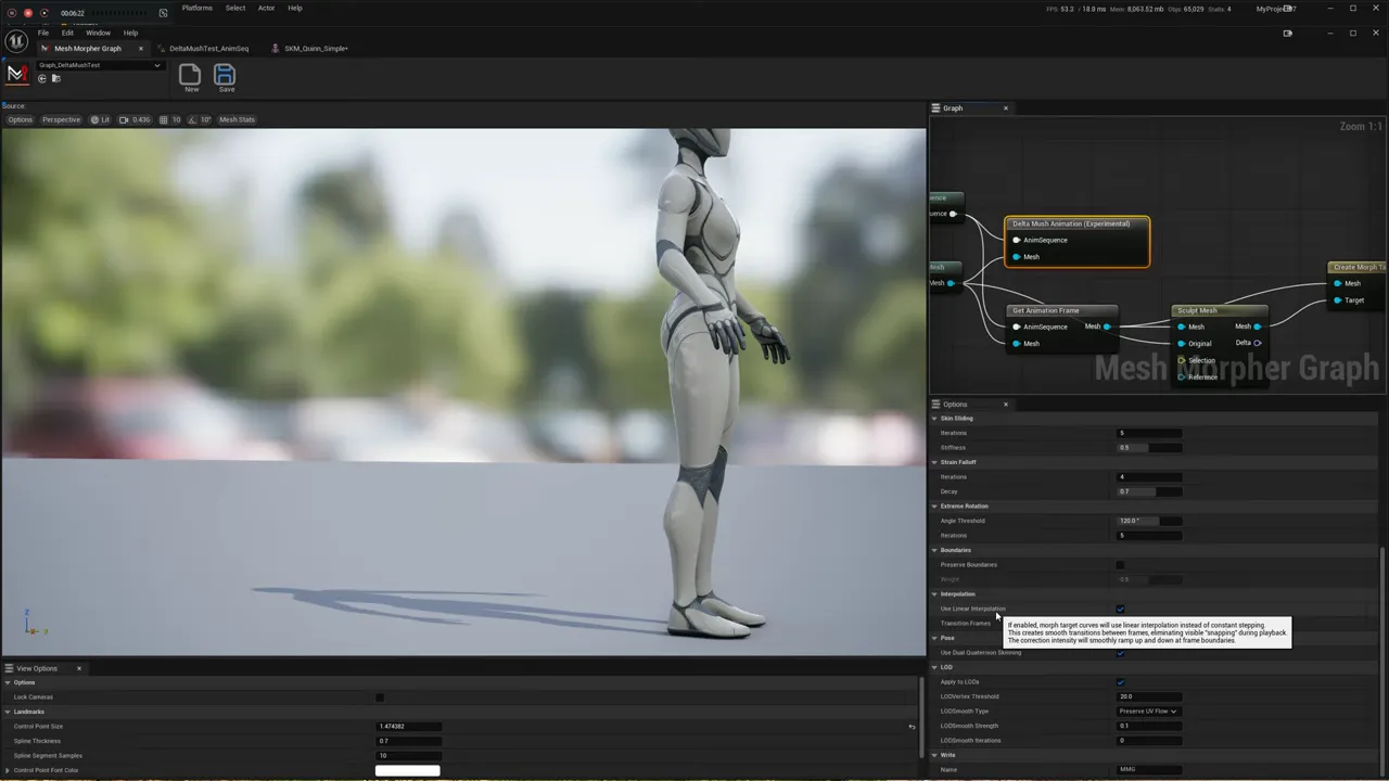 Delta Mush animation settings with the interpolation tooltip visible